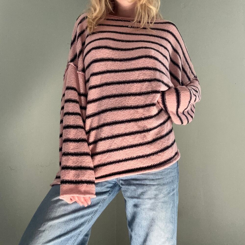 BTFBM Knit Boat Neck Pullover Sweater Pink Black Stripes Size XL Oversized
